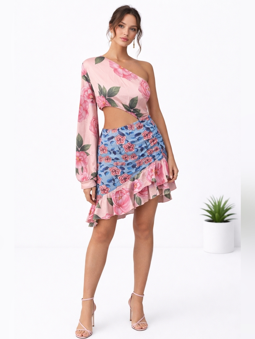 SHEIN Pink Floral Asymmetrical One-Shoulder Cutout Dress